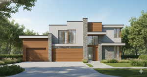 Modern home featuring stone siding, stucco siding, driveway, and a chimney