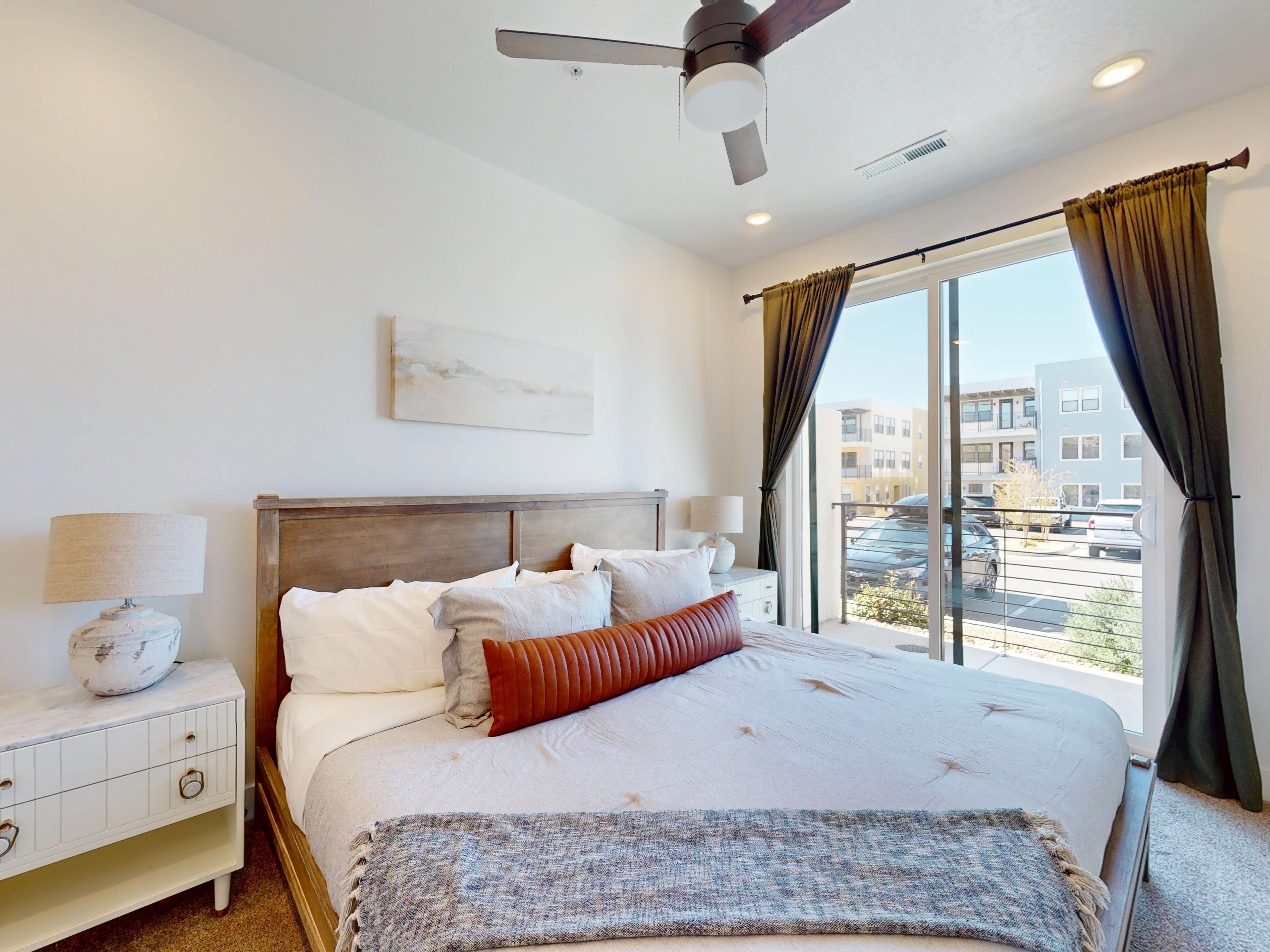 Bedroom with carpet, access to exterior, ceiling fan, and recessed lighting