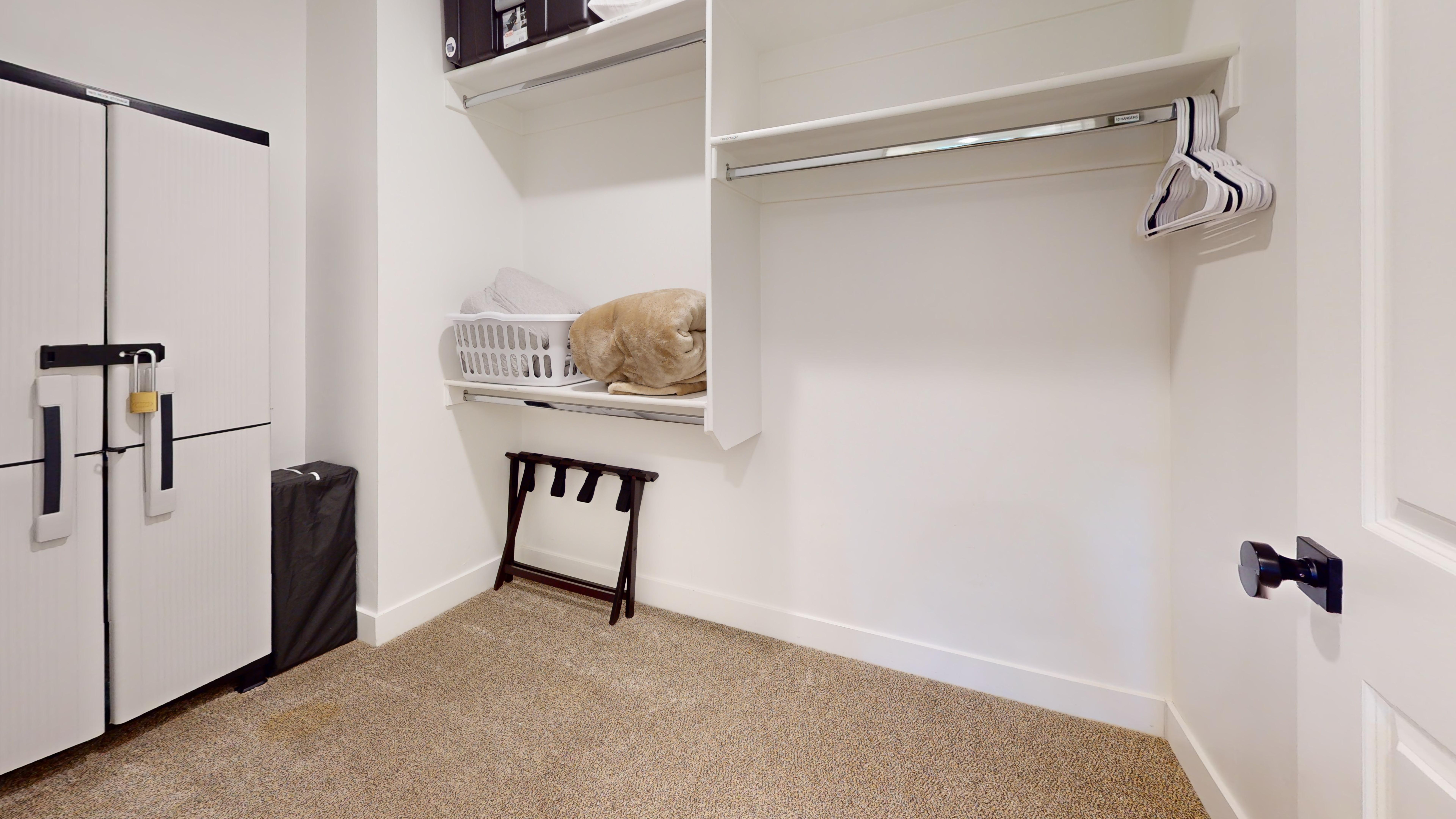 Walk in closet with light colored carpet