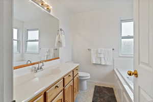 Large jetted tub, separate shower, and vanity with cultured marble surround