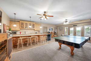 Recreation room with french doors, a textured ceiling, and a ceiling fan