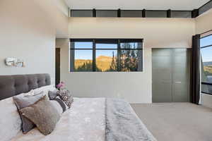 Carpeted bedroom with a high ceiling and a mountain view