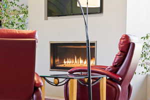 Detailed view of a lit fireplace
