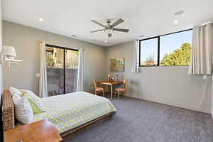 Carpeted bedroom with recessed lighting, access to outside, and a ceiling fan