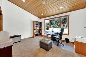Office area featuring recessed lighting, wood ceiling, and light carpet