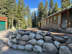 Exterior view of stone siding and stucco siding
