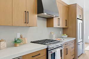 Kitchen with stainless steel appliances, extractor fan, modern cabinets, and light stone counters