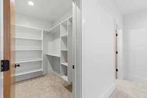 Walk in closet featuring light carpet