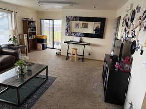 Living room with light carpet and baseboards