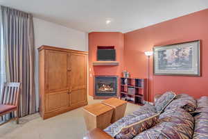 Living area with a glass covered fireplace and light carpet