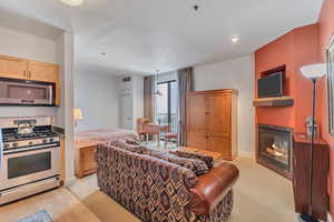 Living area with a glass covered fireplace and baseboards