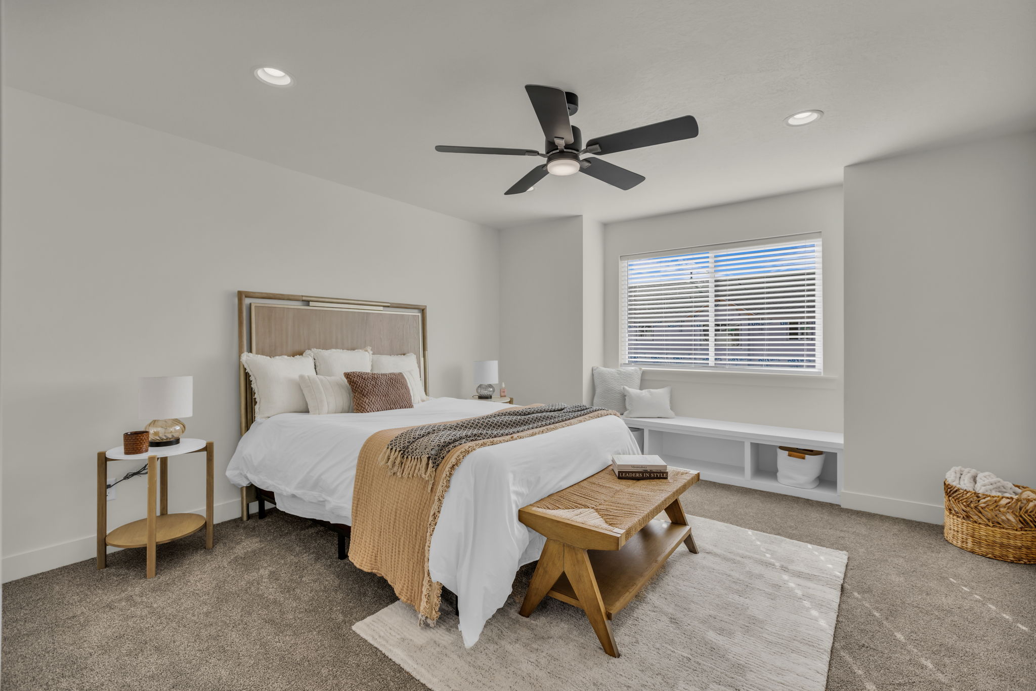Bedroom with carpet floors, a ceiling fan, and recessed lighting