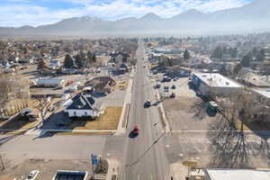 Aerial view of residential area with mountains