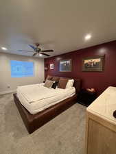 Bedroom with carpet flooring, recessed lighting, and ceiling fan