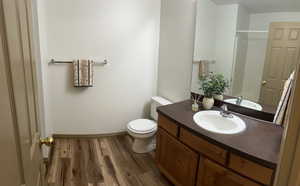 Bathroom with vanity, wood finished floors, and a shower