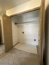 Laundry area featuring light colored carpet, washer hookup, and electric dryer hookup