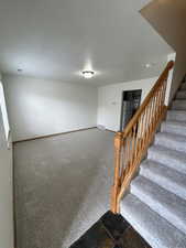 Stairs with carpet flooring and a textured ceiling