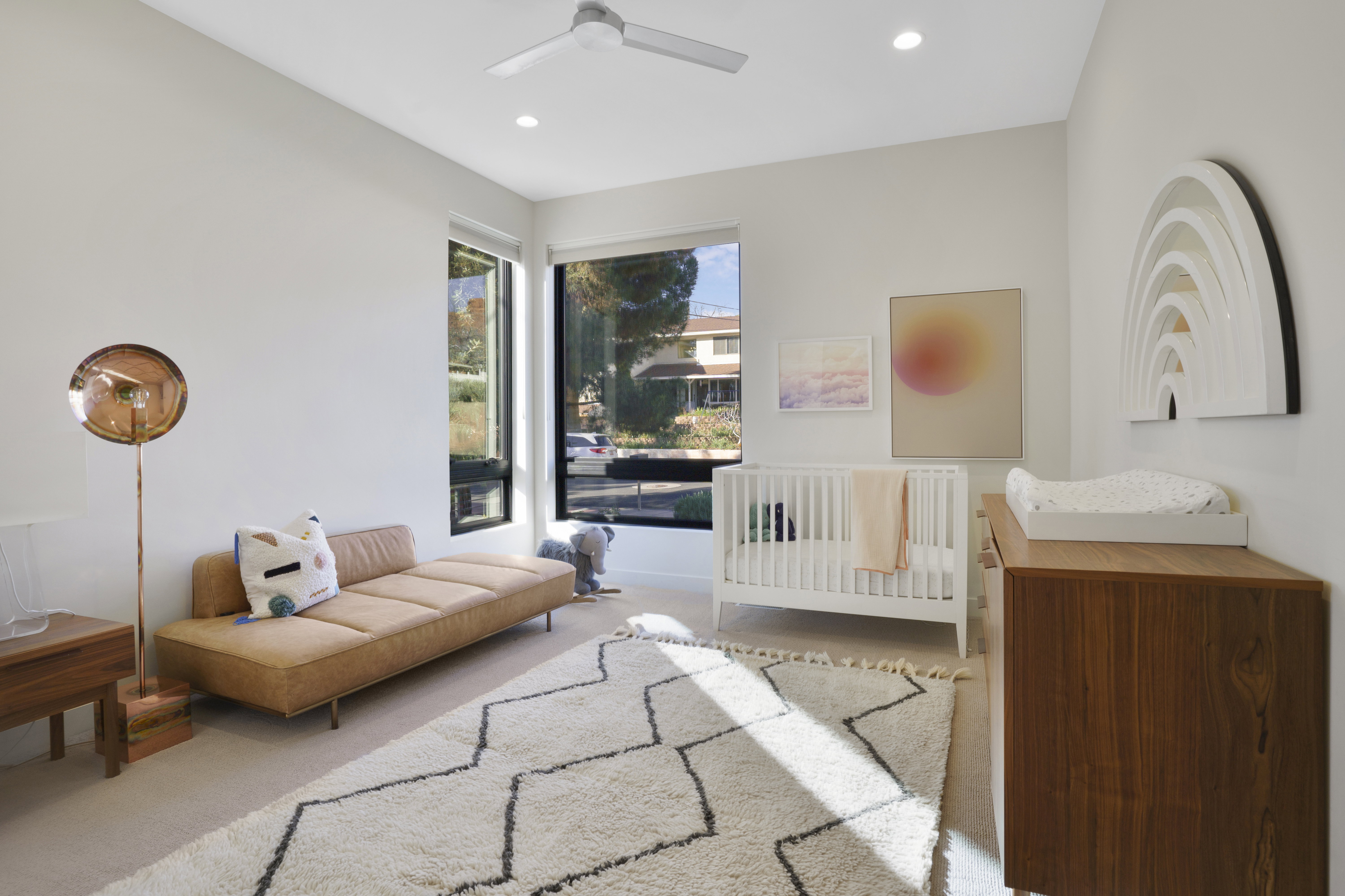 Bedroom with a ceiling fan, recessed lighting, and carpet floors