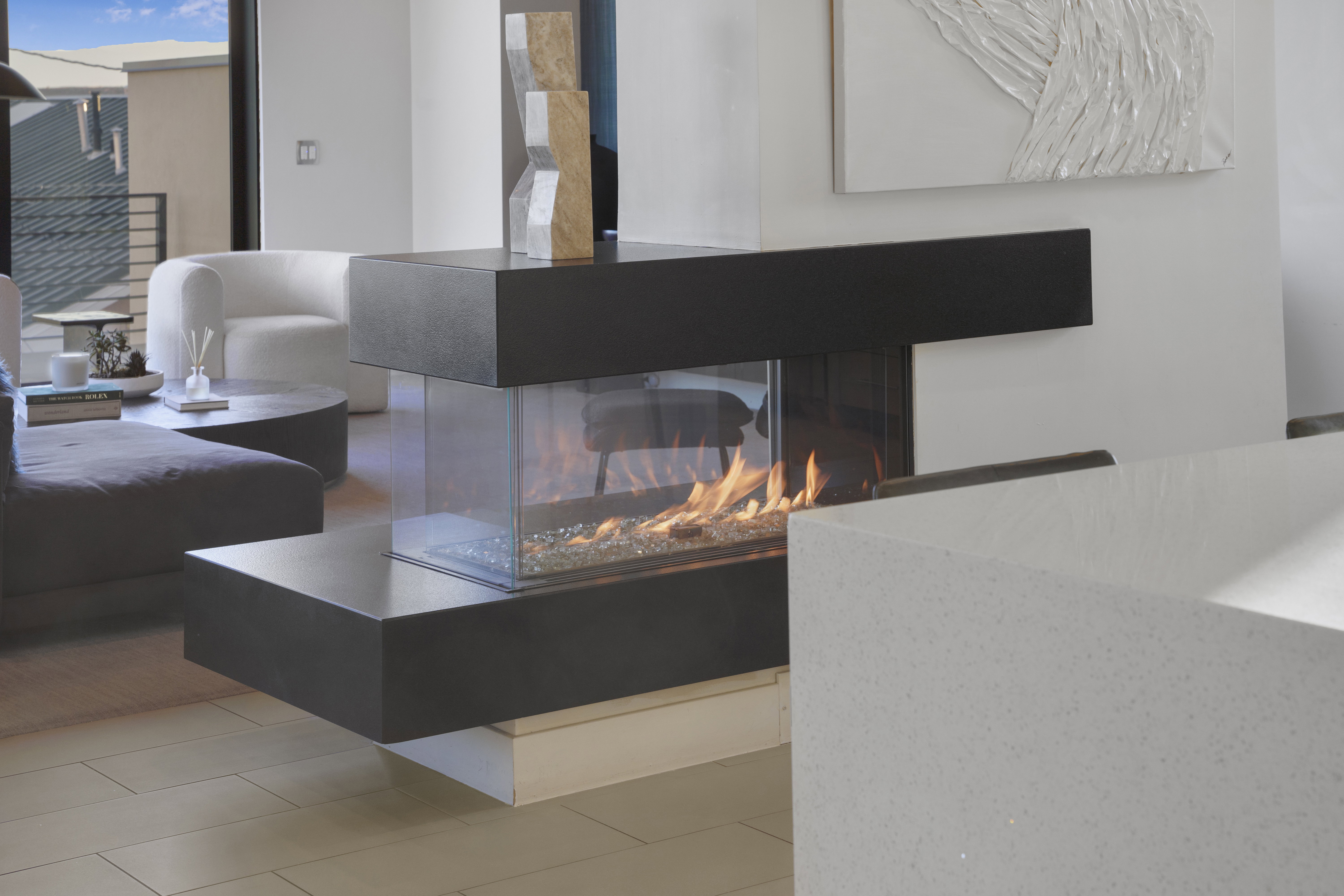 Detailed view of a multi sided fireplace