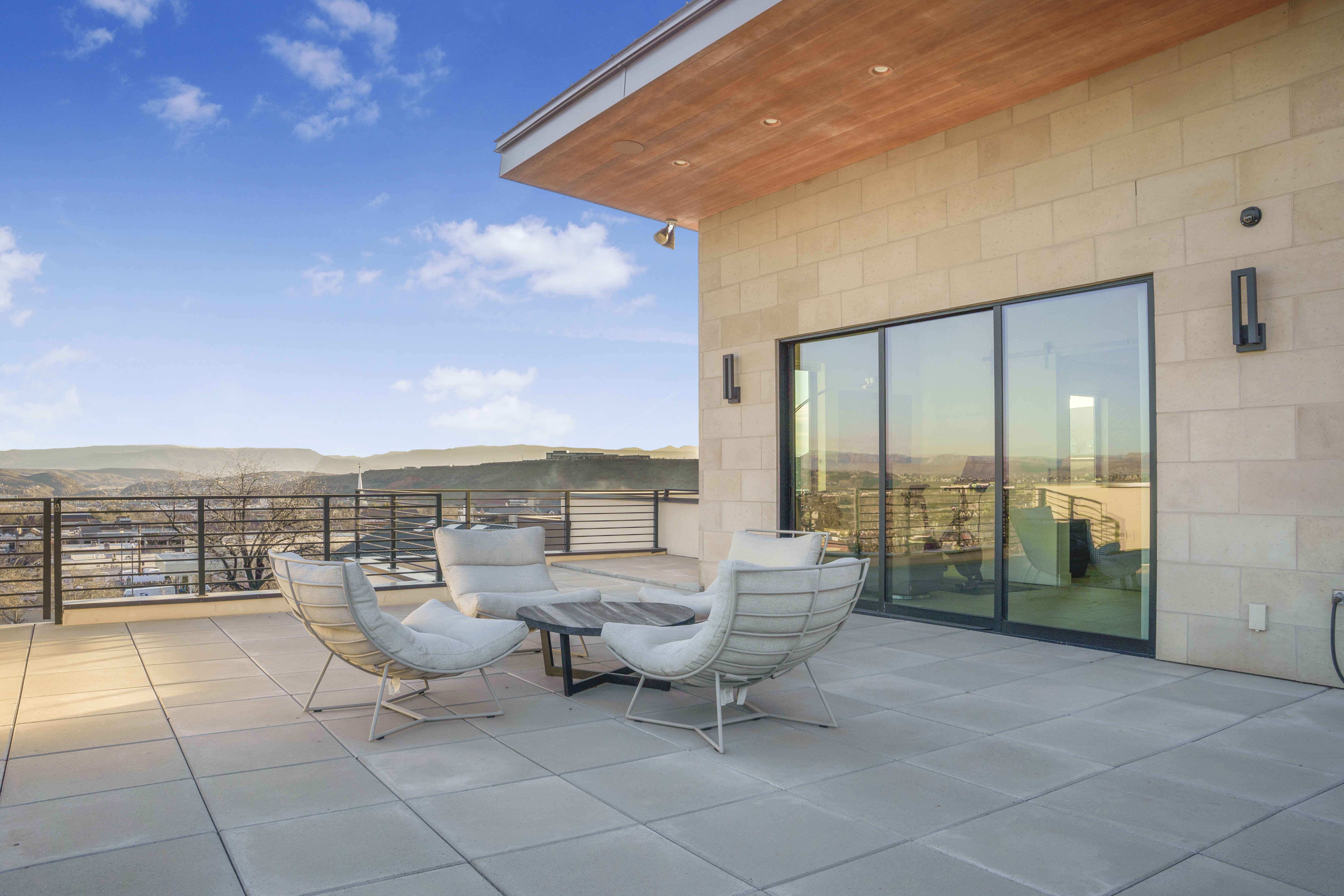 View of patio with a mountain view