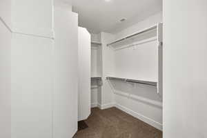 Walk in closet with dark carpet