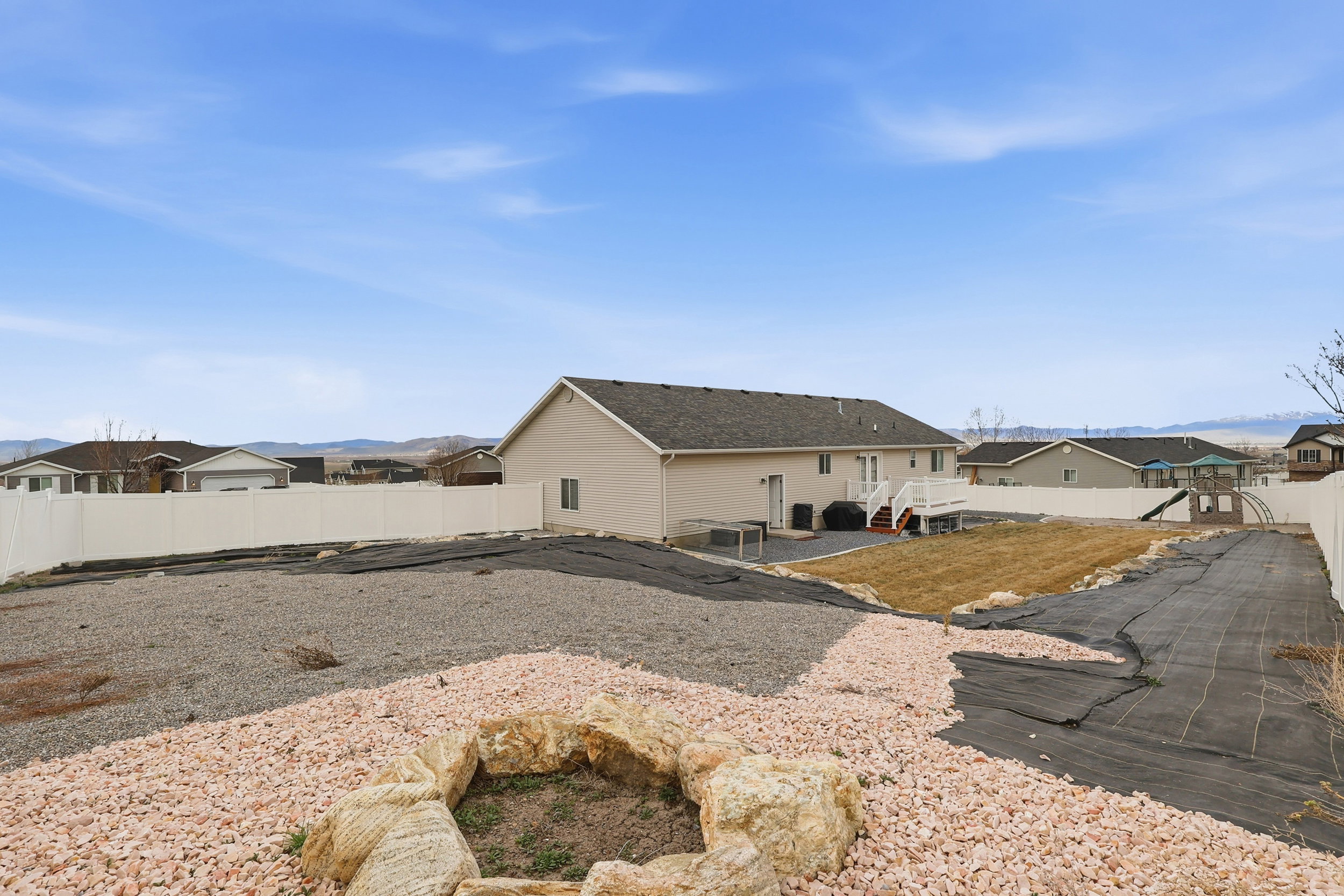 Back of property with a residential view and a fenced backyard