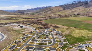 Aerial view of residential area with mountains