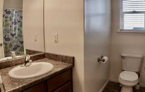 Full bathroom featuring vanity and a shower with shower curtain