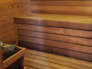 Relaxing sauna with wood ceiling and wood walls