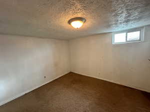 Below grade area featuring a textured ceiling and dark colored carpet
