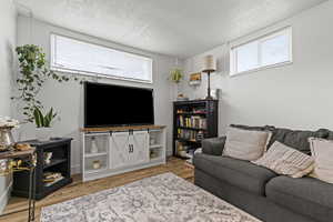 Living room featuring light wood-style floors and a textured ceiling