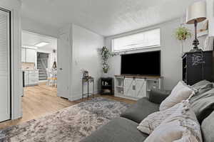 Living area featuring light wood-style floors, a textured ceiling, and ornamental molding