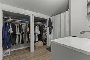 Walk in closet with a sink and light wood-type flooring