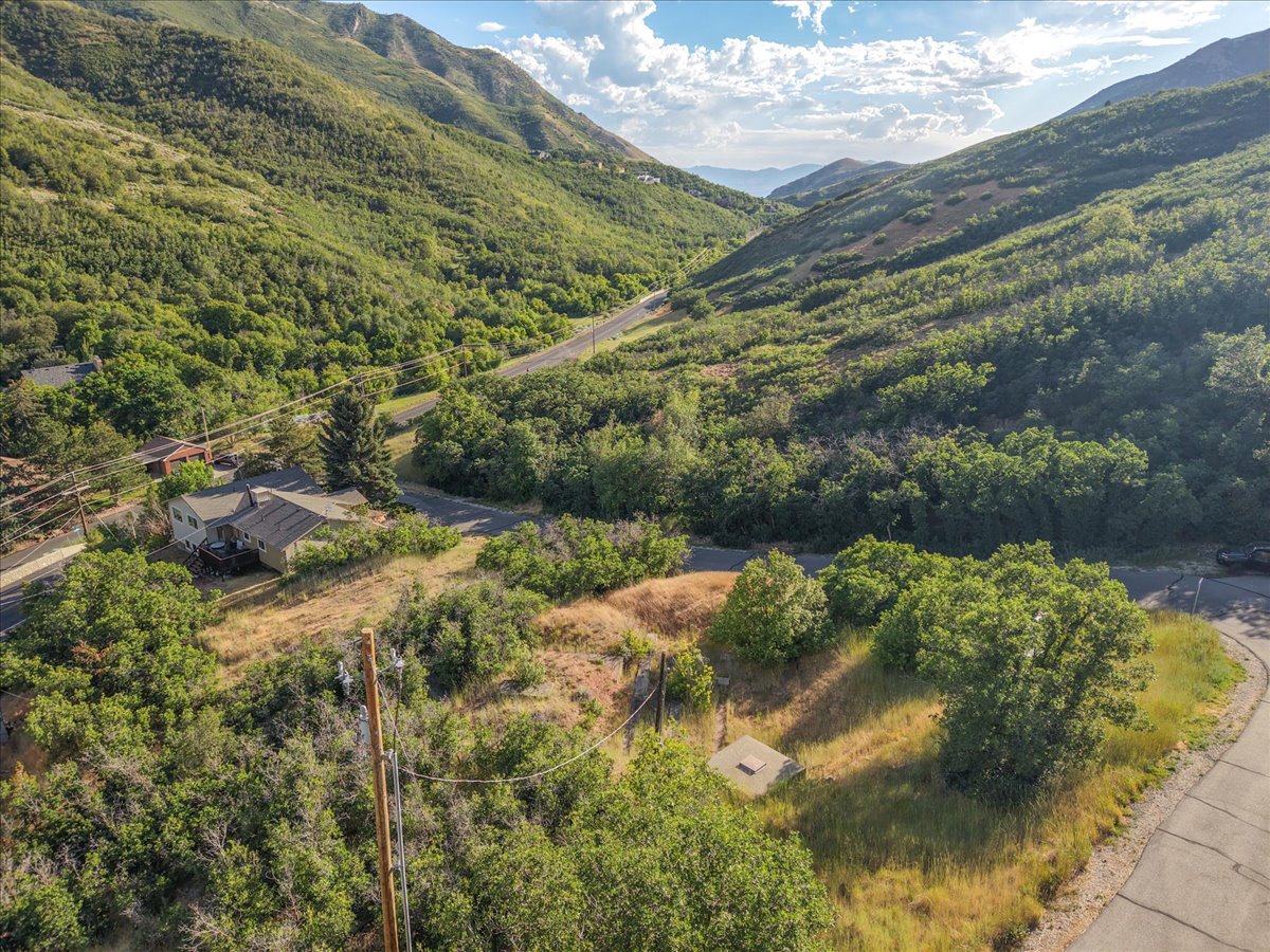 Mountain landscape featuring a residential property nestled into a verdant hillside