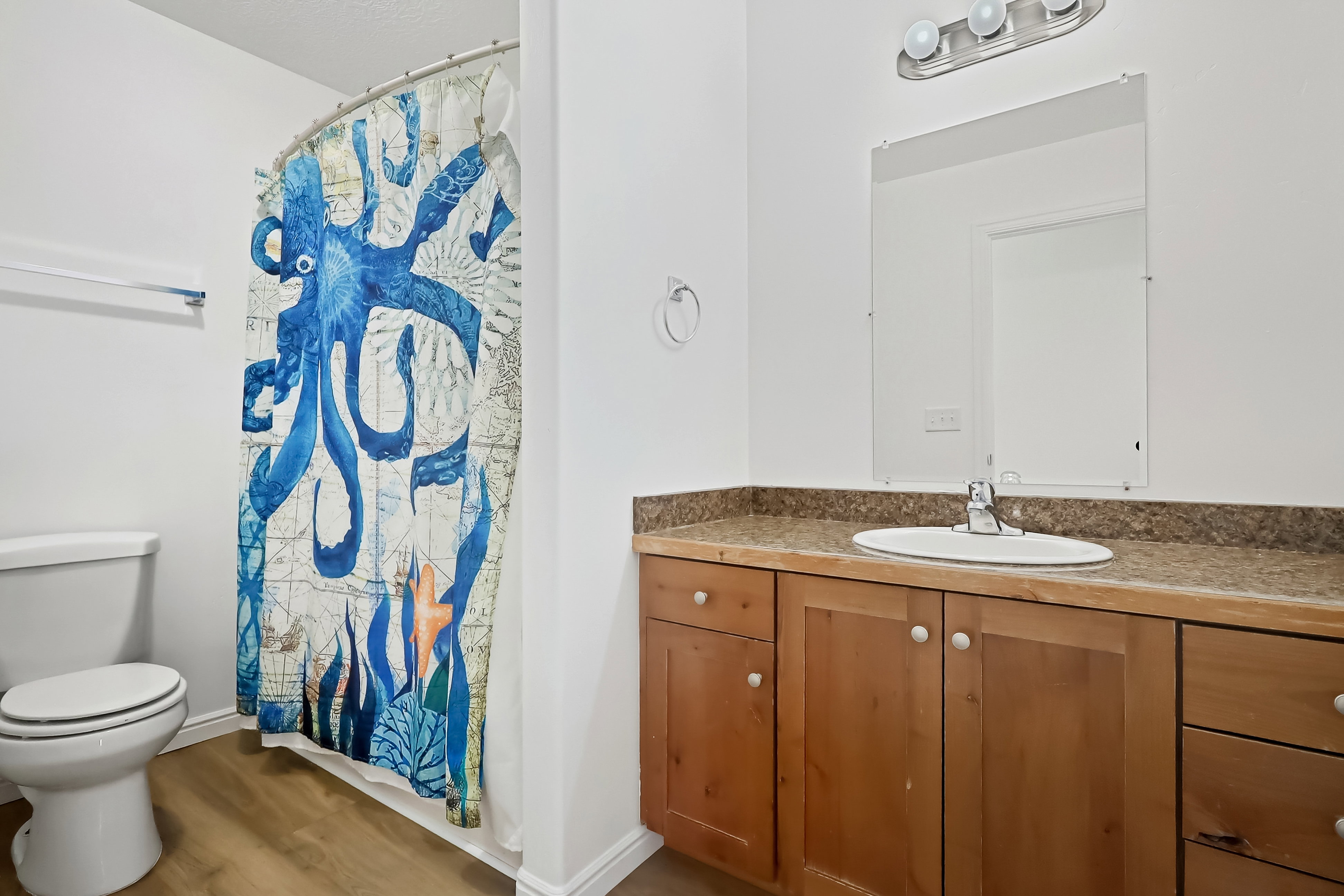 Full bathroom with vanity, a shower with shower curtain, and wood finished floors