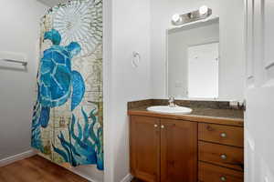 Full bathroom featuring curtained shower and vanity