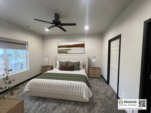 Carpeted bedroom with a ceiling fan and recessed lighting