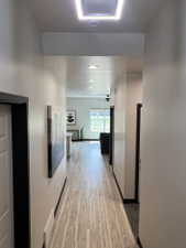 Hallway featuring wood-finish flooring, recessed lighting, and a modern rectangular ceiling light fixture