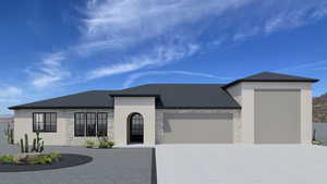 View of front of house with stone siding, concrete driveway, stucco siding, and an attached garage