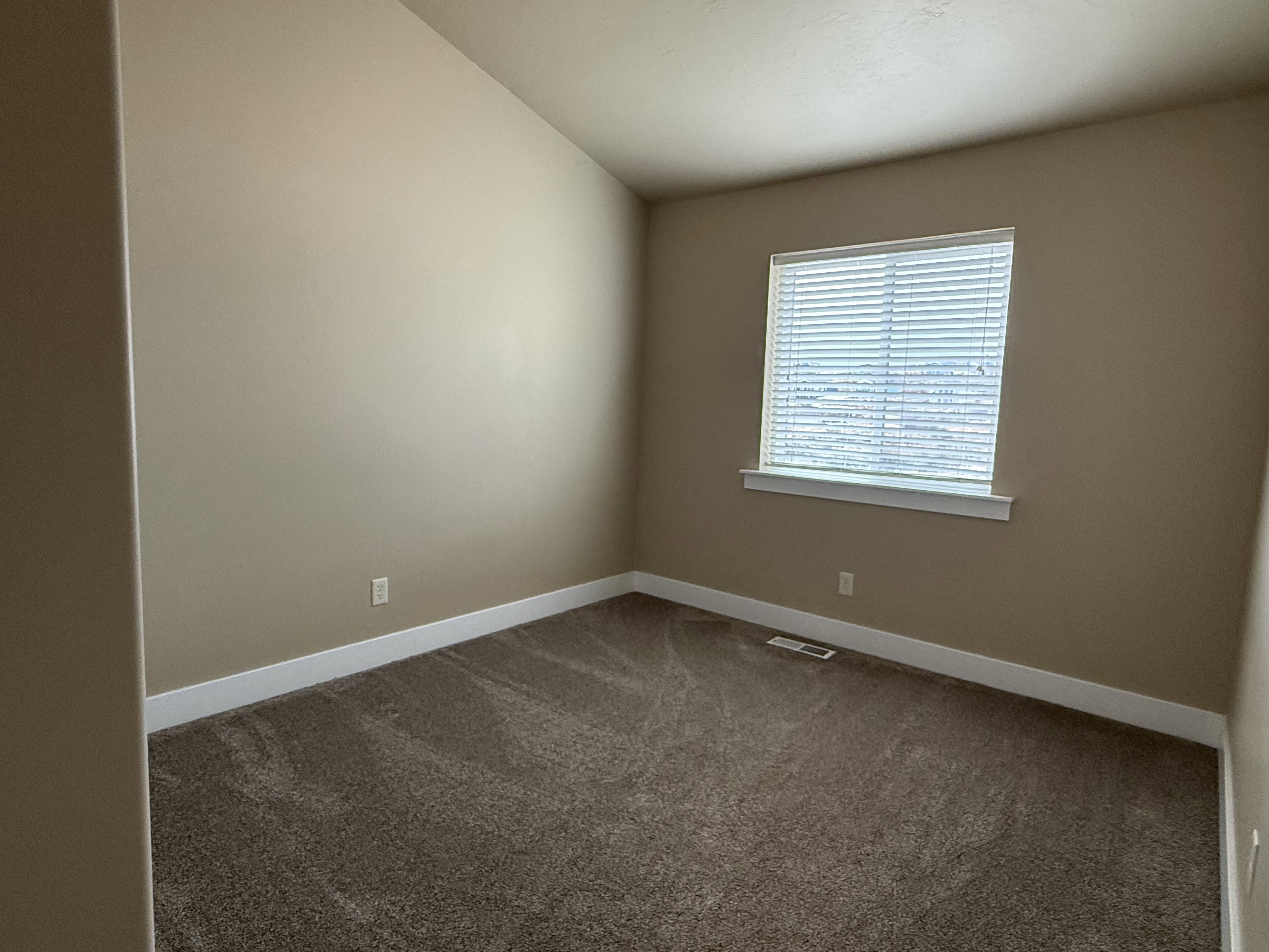 Carpeted spare room with baseboards and lofted ceiling