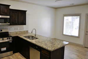 Kitchen featuring stainless steel appliances, dark wood finish cabinetry, light stone counters, light wood finished floors, and crown molding