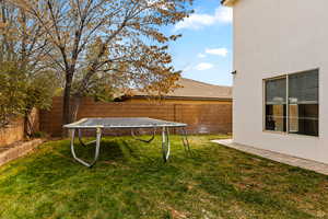 Fenced backyard with a trampoline and a patio
