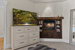 Living area featuring a glass covered fireplace and light carpet