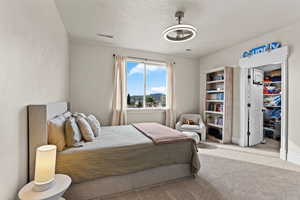 Carpeted bedroom with a textured ceiling