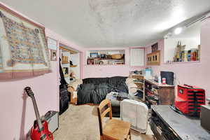 Carpeted office space featuring a textured ceiling and a textured wall