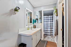 Full bathroom with vanity, light wood-style floors, and decorative backsplash