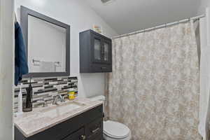 Bathroom featuring vanity, a shower with curtain, tasteful backsplash, and ornamental molding
