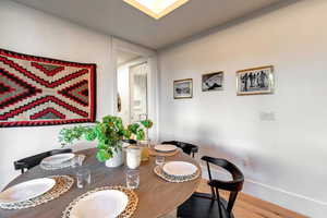 Dining room featuring wood finished floors and baseboards