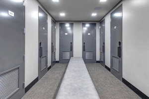 Hallway with carpet flooring and recessed lighting