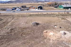 Bird's eye view of a mountainous background